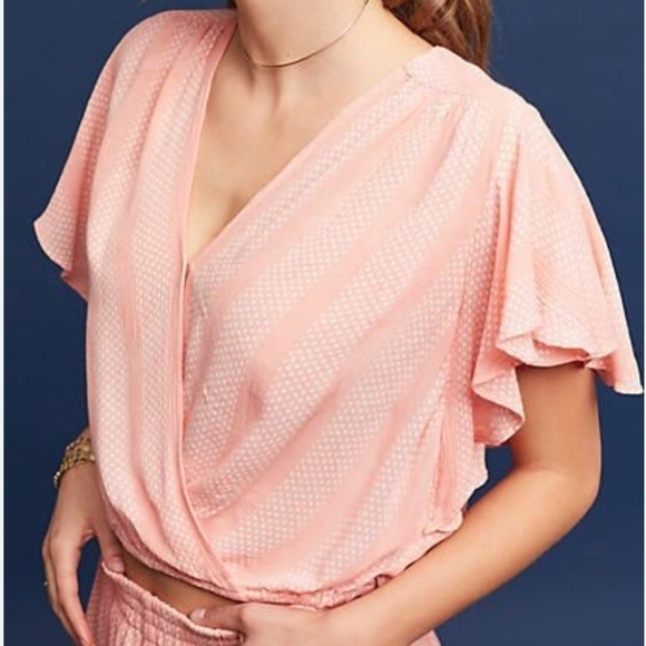 Anthropologie Maeve Medium Nell Pink Dot Surplice Crop Ruffle Shirt Blouse - Picture 1 of 7